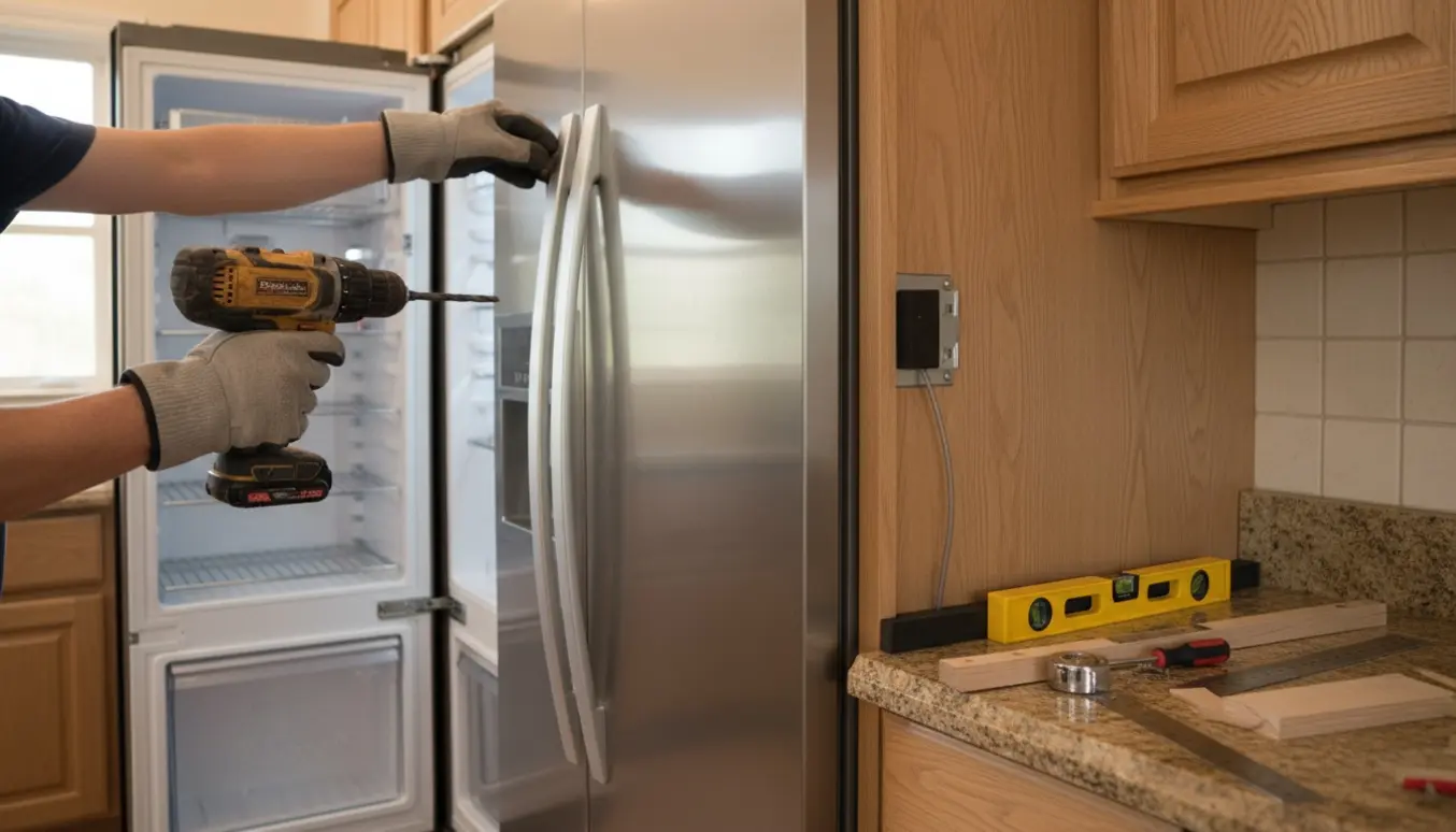 Montør monterer indbygget køleskab og fryser i køkkenskab med fokus på hænder og værktøj.