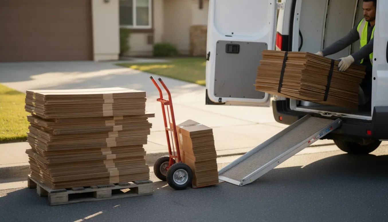 Sammenfoldede papkasser læsses ind i en åben varebil på fortovet.