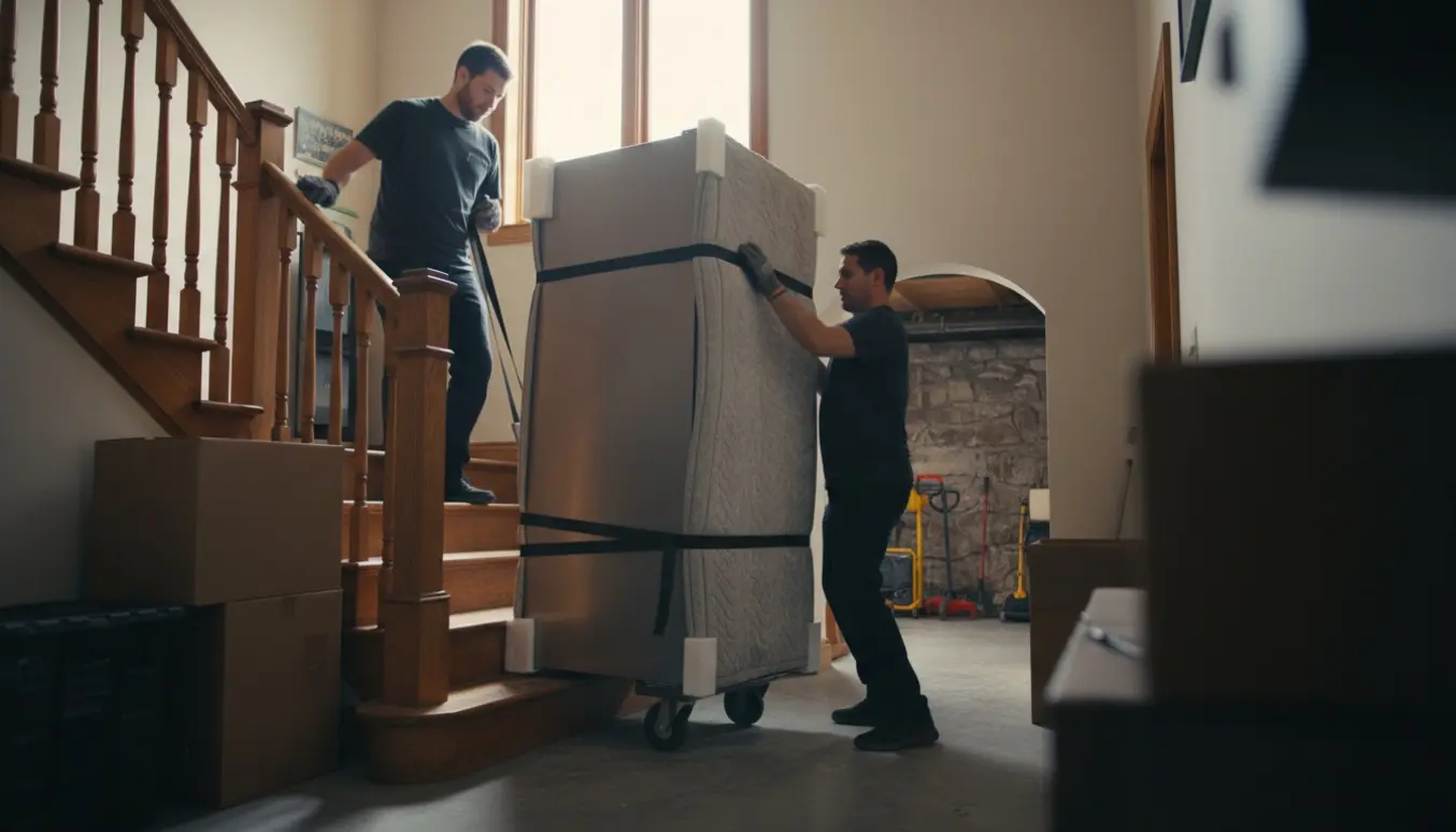 Et kølefryseskab bliver forsigtigt flyttet ned ad en opgangstrappe med flyttetæpper og stropper.