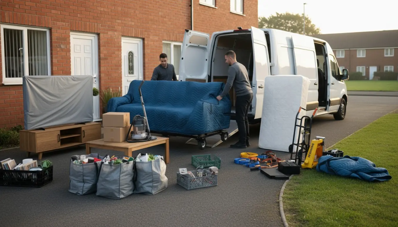 Møbler og kasser bliver lastet i en flyttevogn foran et rækkehus.