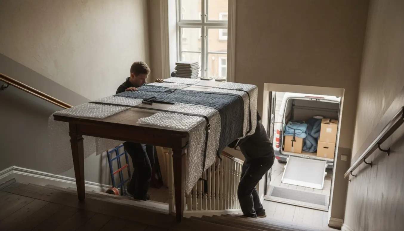 Et tungt spisebord pakket i flyttetæpper bæres ned ad en københavnsk trappe mod en ventende flyttebil.