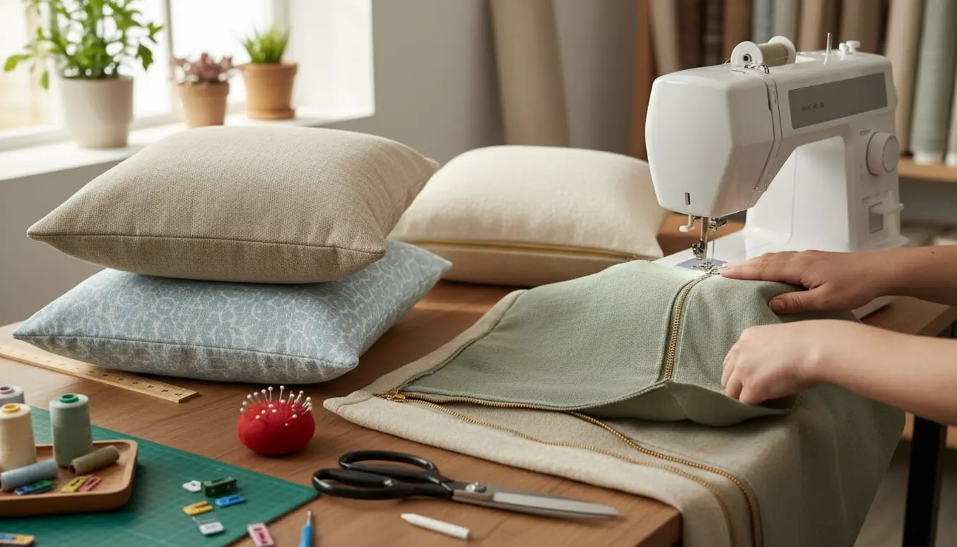 Hænder syr lynlåse i flere hyndebetræk på et lyst og ryddeligt sybord.