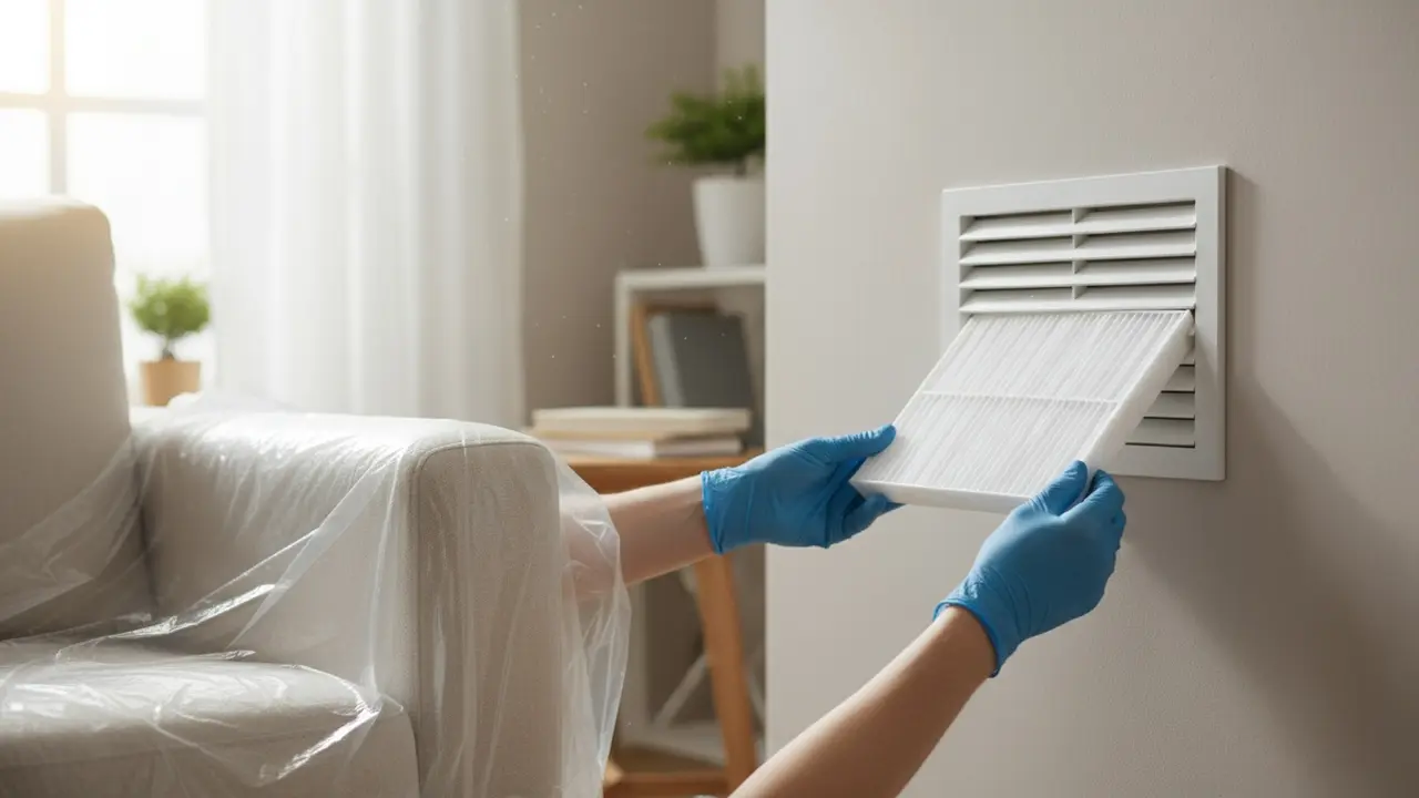 Hjemmeejers hænder iført handsker fjerner ventilationsfilter i lys stue med afdækket møbler