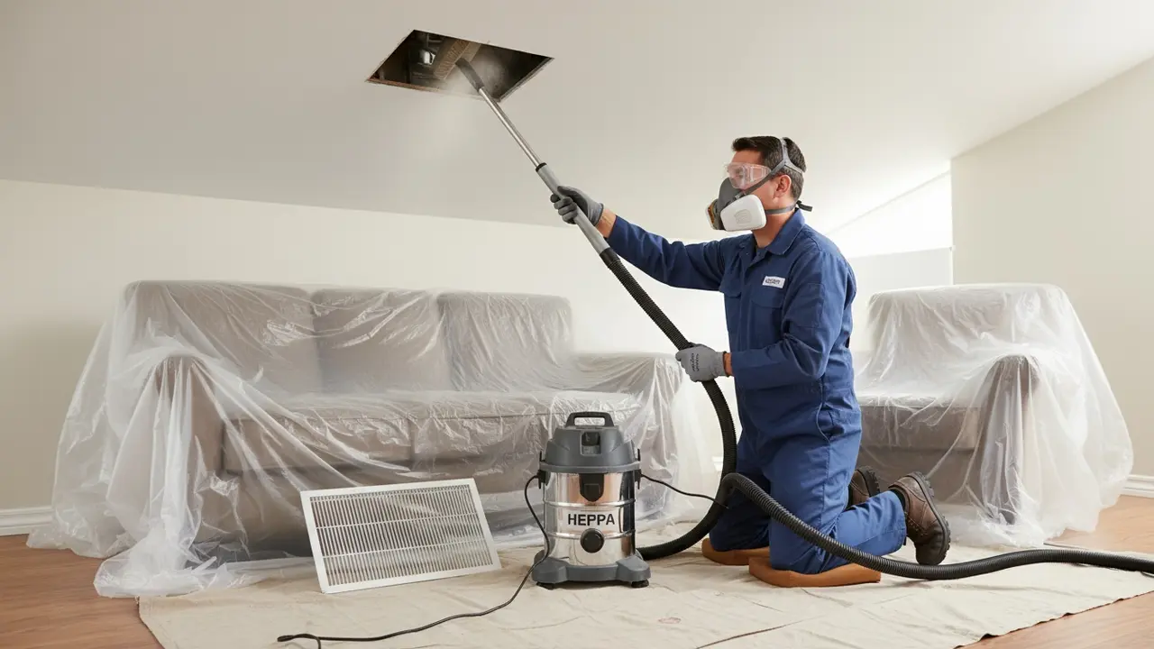 Tekniker i beskyttelsesudstyr bruger HEPA-støvsuger og børste ved åben ventilationskanal, møbler dækket med plast
