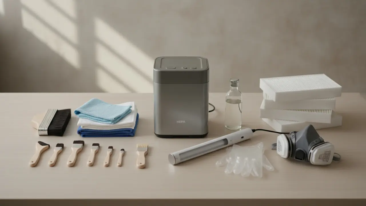Oversigt over nødvendigt udstyr: HEPA-støvsuger, børster, klude, filtre, handsker, maske og UVC-lampe