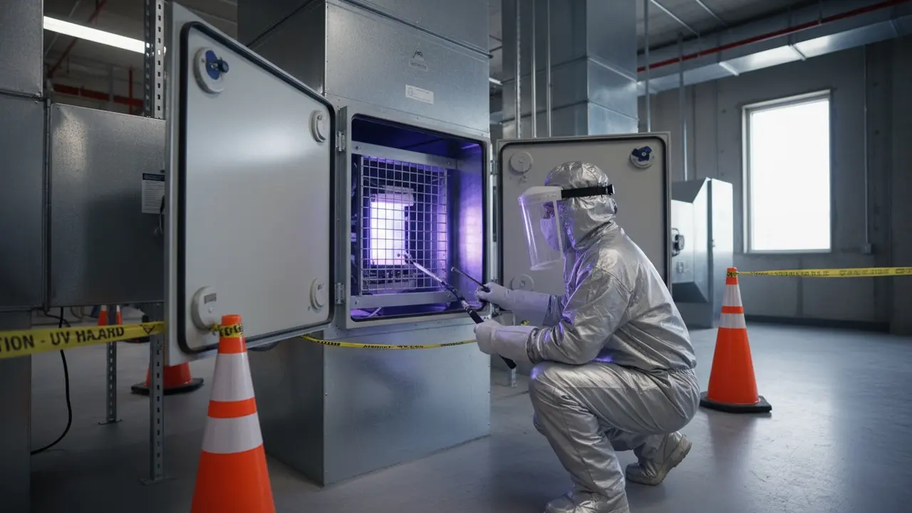 Tekniker iført UV-beskyttelse installerer UVC-lampe i ventilationskanal med afspærring og korrekt sikkerhedsudstyr