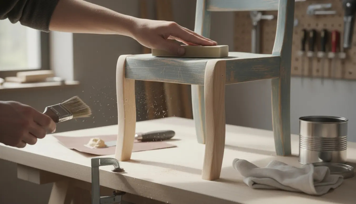 Nærbillede af en træ-barnestol på et værksted, hvor hænder sliber ridser og påfører klar lak.