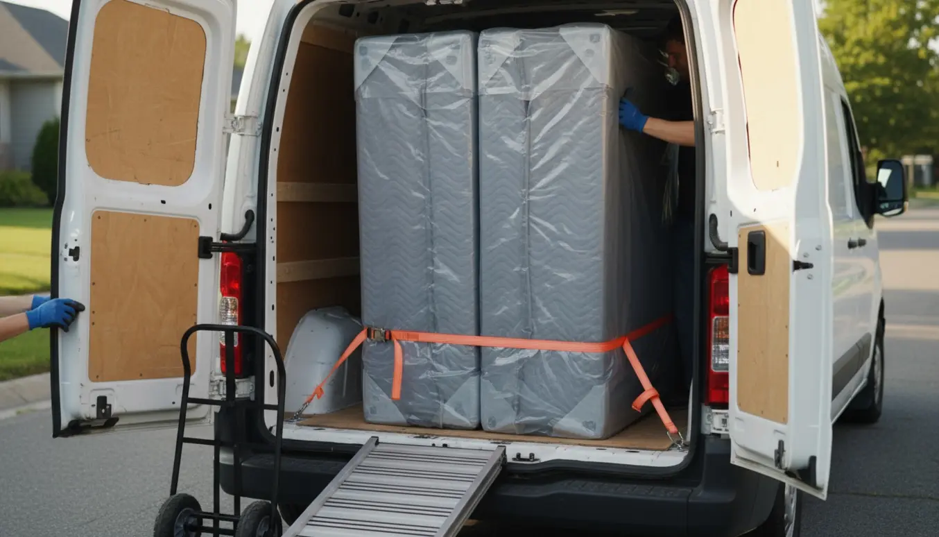 To beskyttede boxmadrasser pakket i plast og fastgjort i bagagerummet på en varevogn, klar til transport.