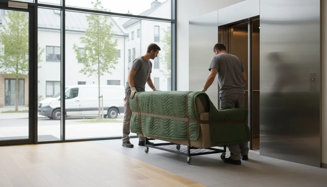 To flyttemænd læsser en indpakket sofa ind i en elevator i en moderne skandinavisk lejlighed.