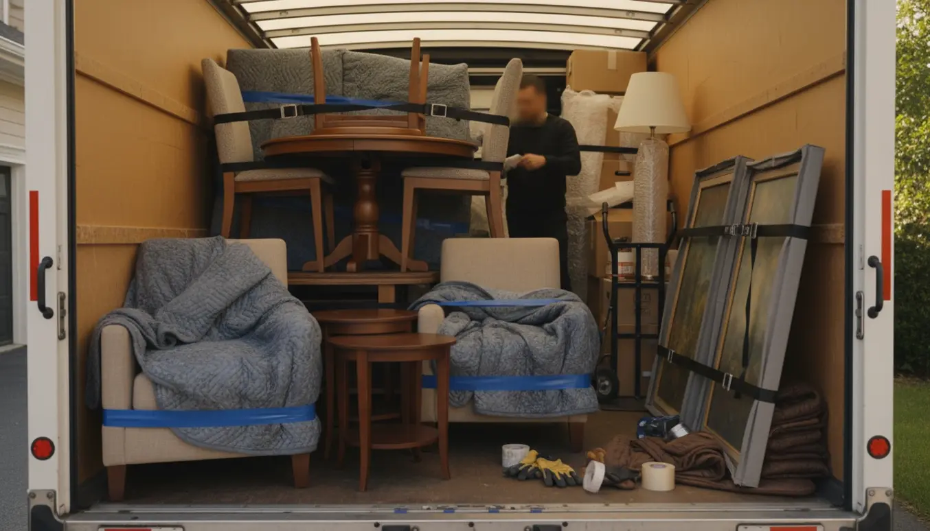 Flyttescene med indpakkede lænestole, to små runde sofaborde, et rundt spisebord med stole og indpakkede malerier i en åben flyttebil.