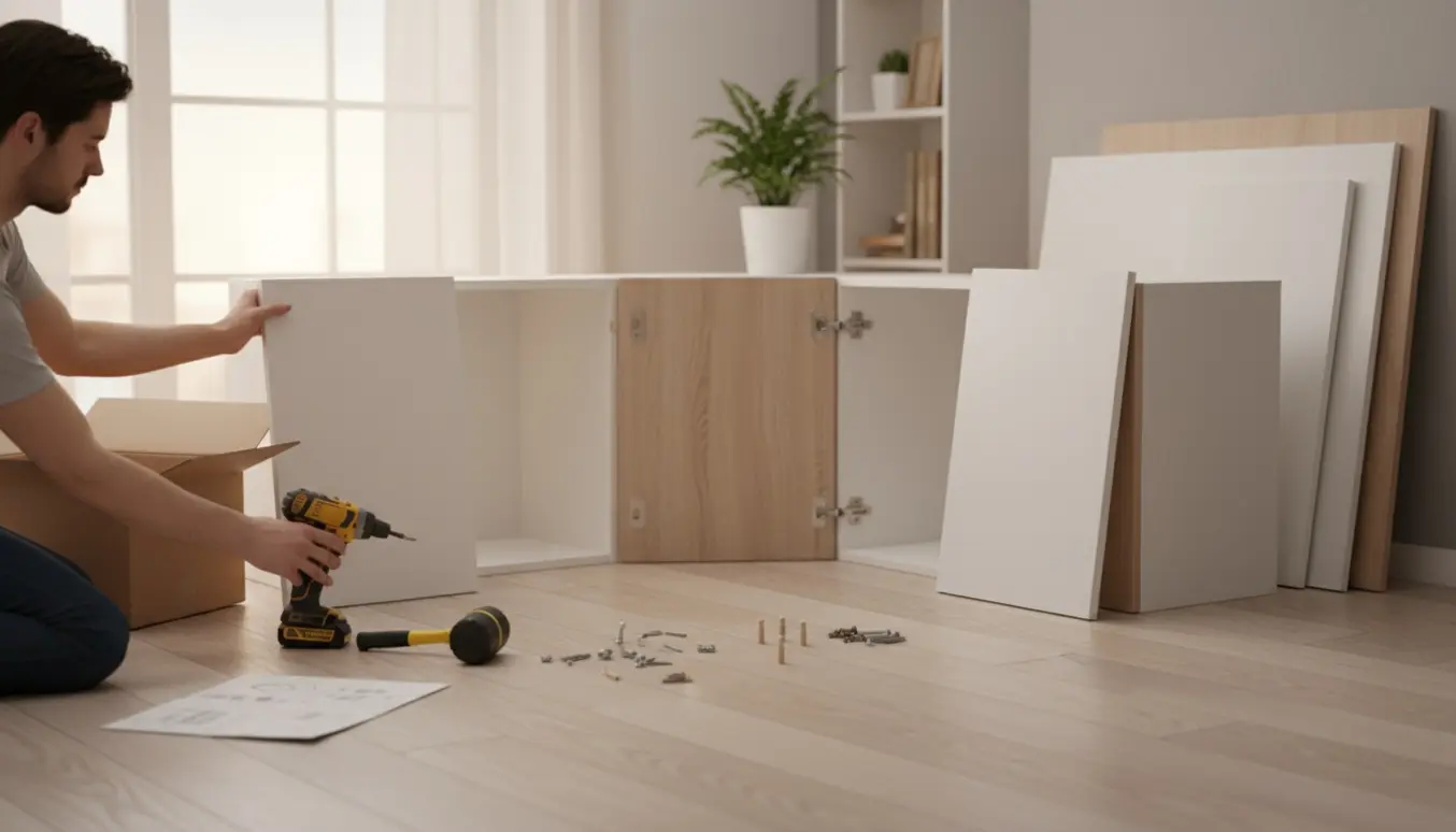 To personer samler et hjørneskab fra fladt pakkemøbel i en lys stue med værktøj og hænder i fokus.