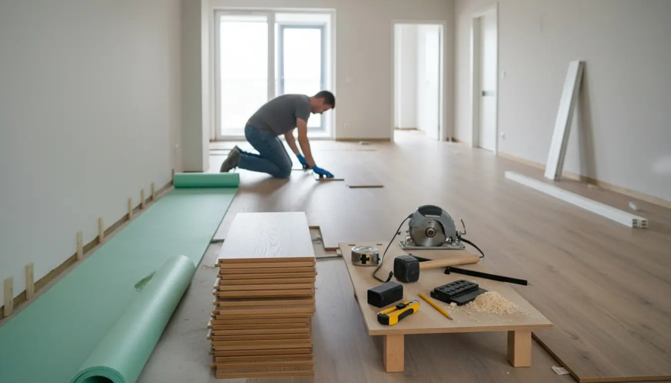 Laminatgulv lægges i en tom entre og stue med værktøj og lister i naturligt lys.