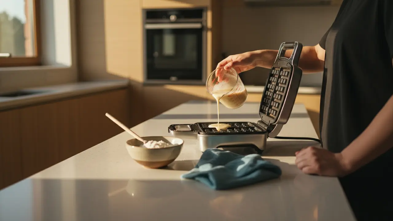 Person hælder tynd opvaskedej i et vaffeljern med mikrofiberklud ved siden af