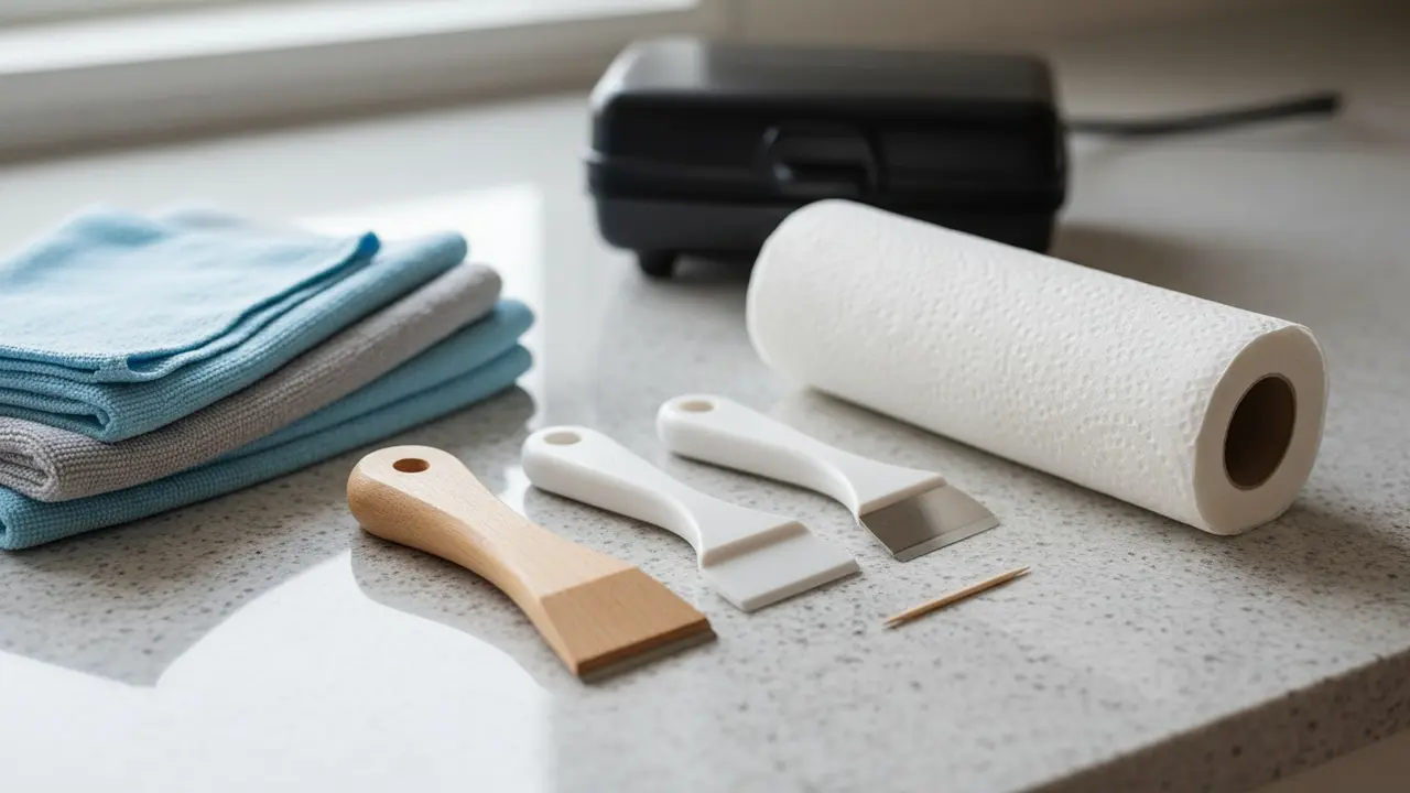 Anbefalede redskaber: mikrofiberklude, træ- og plastskraber og køkkenrulle ved vaffeljern