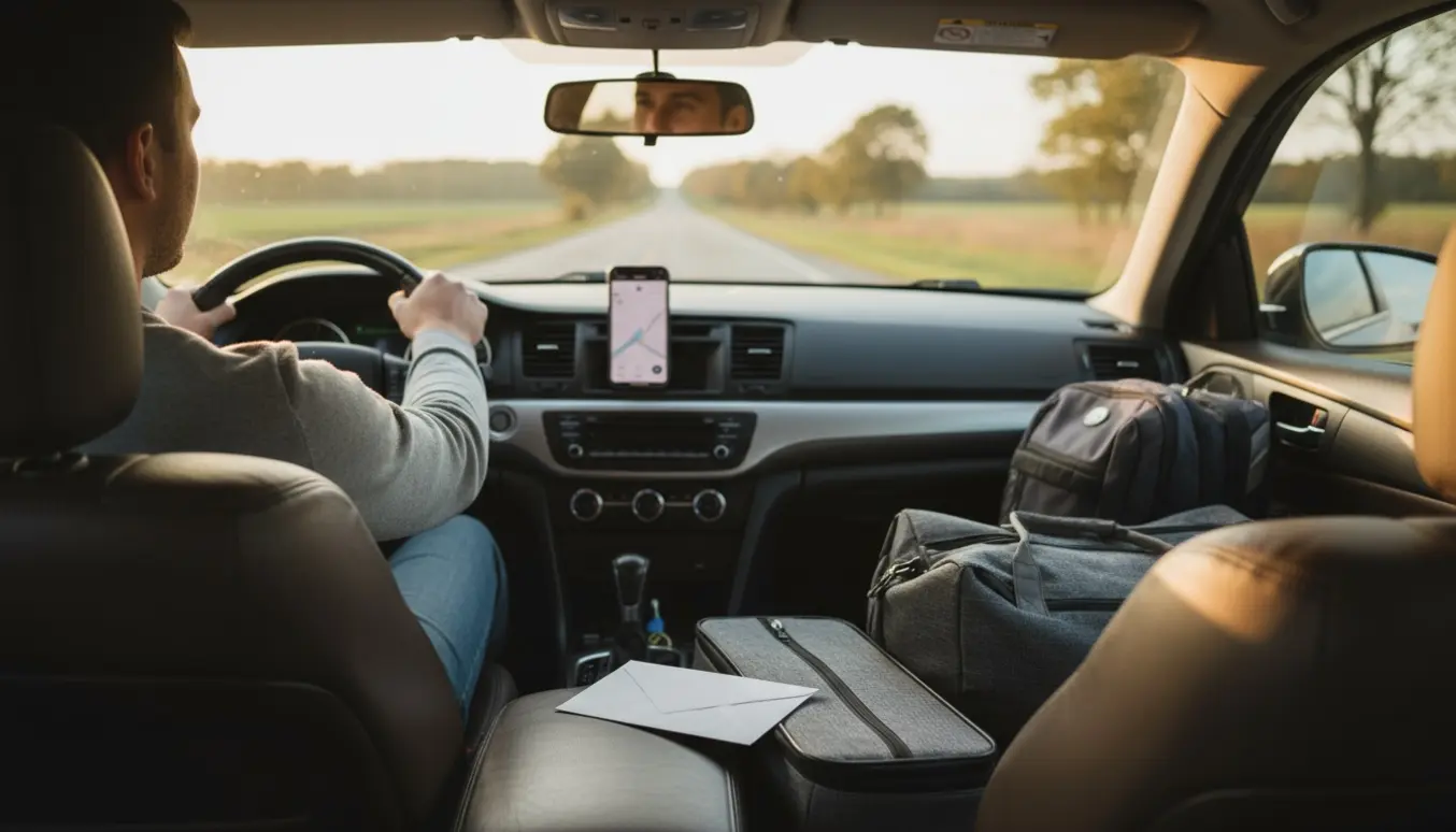 Bilinteriør på en lang køretur med chaufførens hånd på rattet, kufferter i bagagerummet og en kuvert på passagersædet.