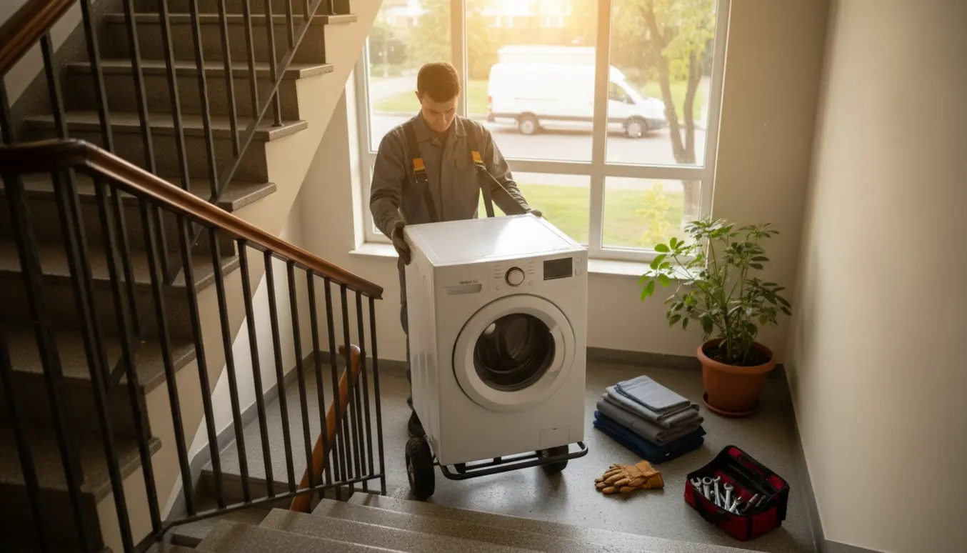 En hvid vaskemaskine bæres ned ad trappen fra 2. sal af to flyttere, med flyttetæpper og flyttebil i baggrunden.