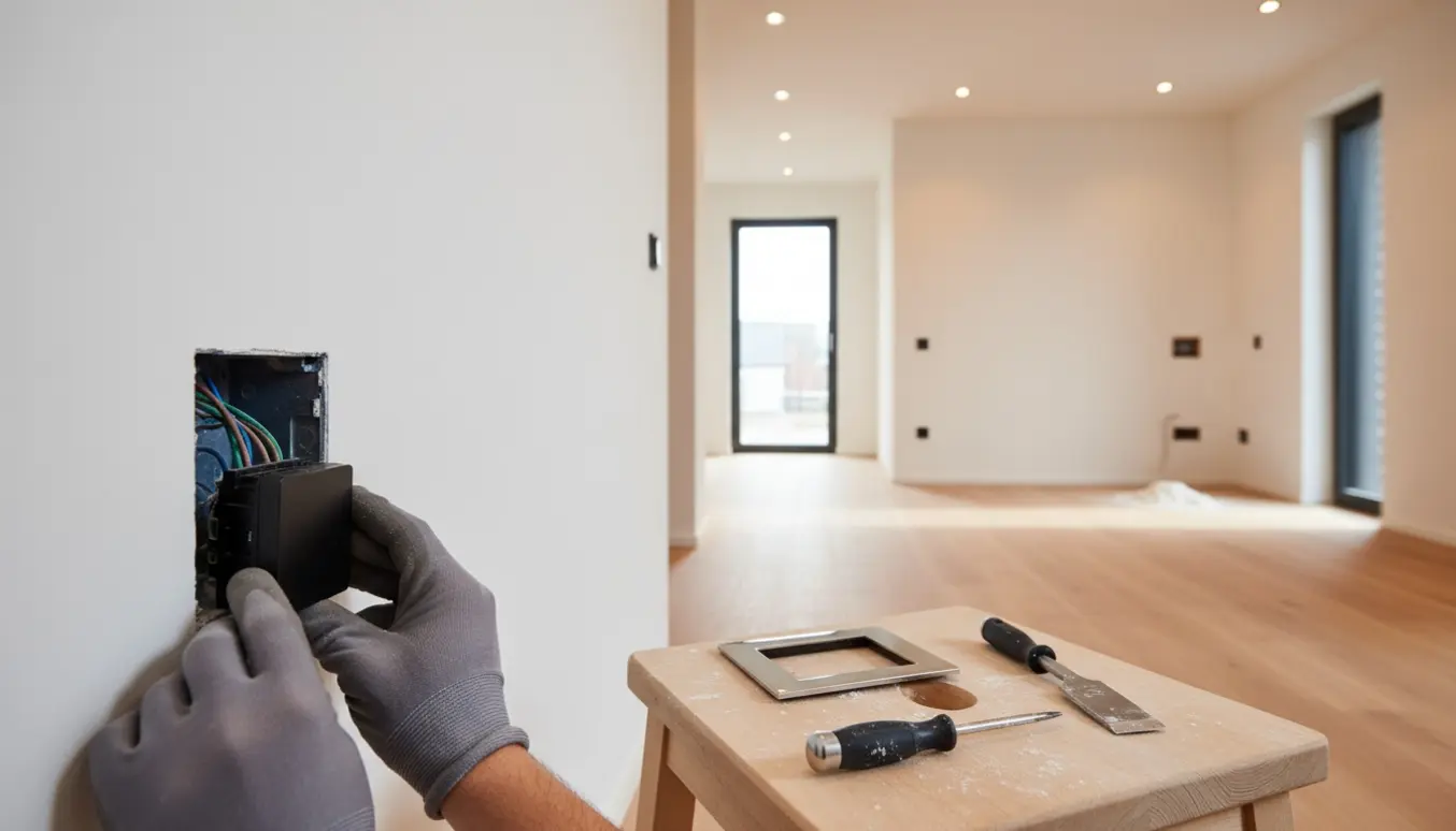 Nærbillede af hænder, der monterer en lysdæmper i en vægkontakt i et moderne nybygget rækkehus.