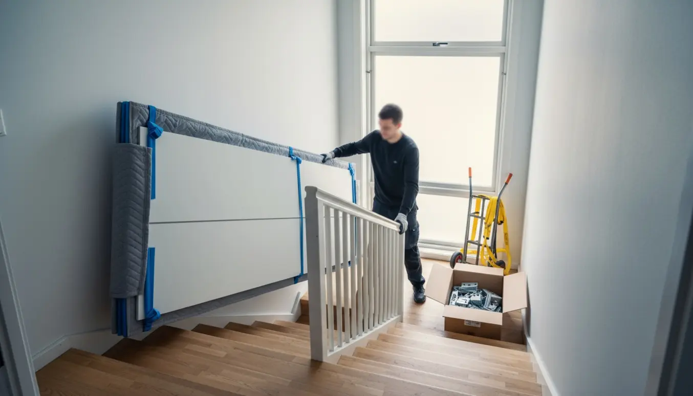 To personer bærer afmonterede PAX-garderobepaneler op ad en lys, nordisk trappeopgang i Gentofte.