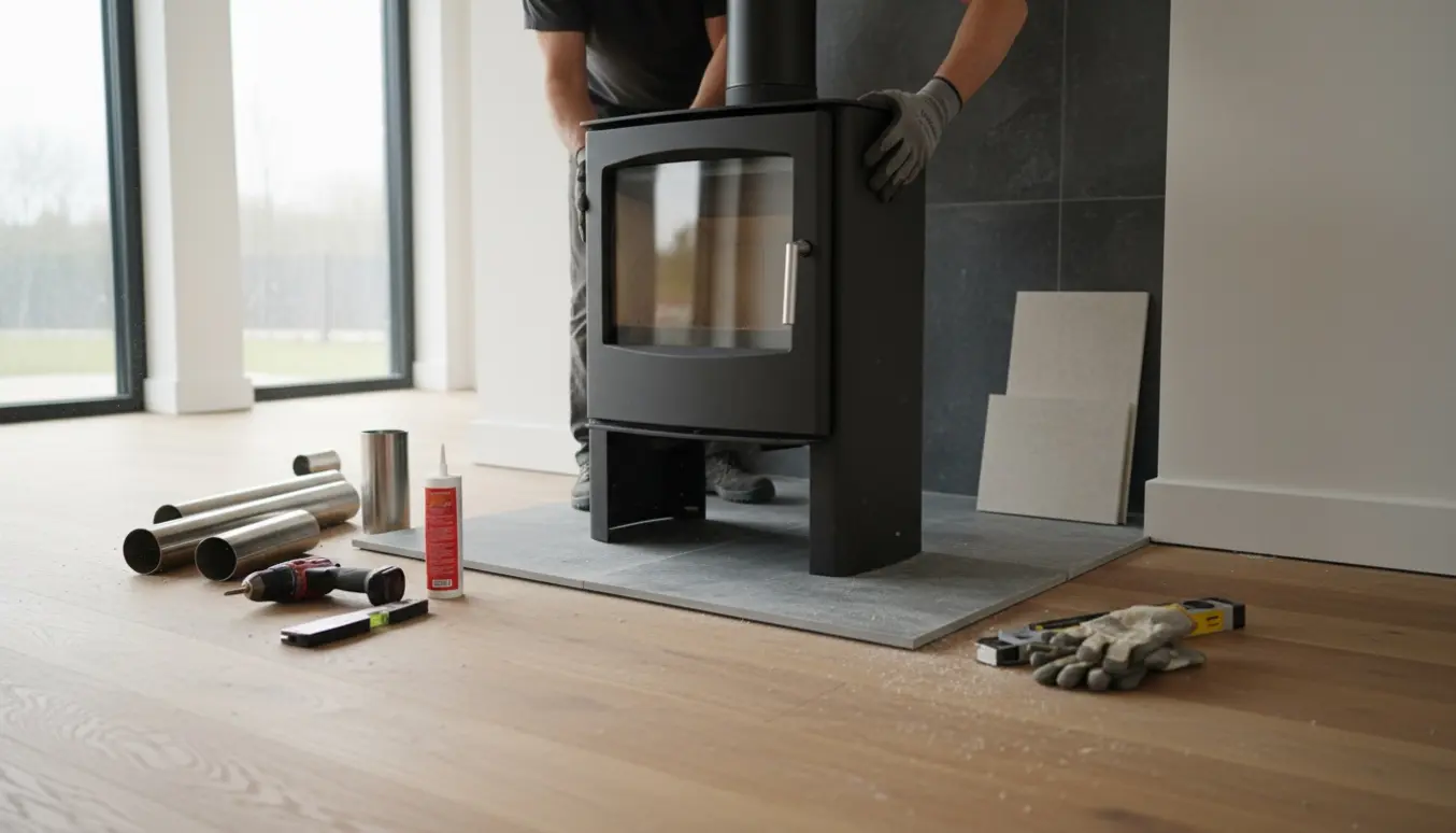 To håndværkere placerer en ny sort brændeovn på et fliseunderlag i et nybygget hus.
