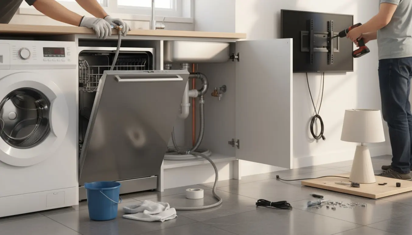 Tekniker forbinder slanger til vaskemaskine og opvaskemaskine i et lyst køkken, mens TV monteres og en lampe samles.