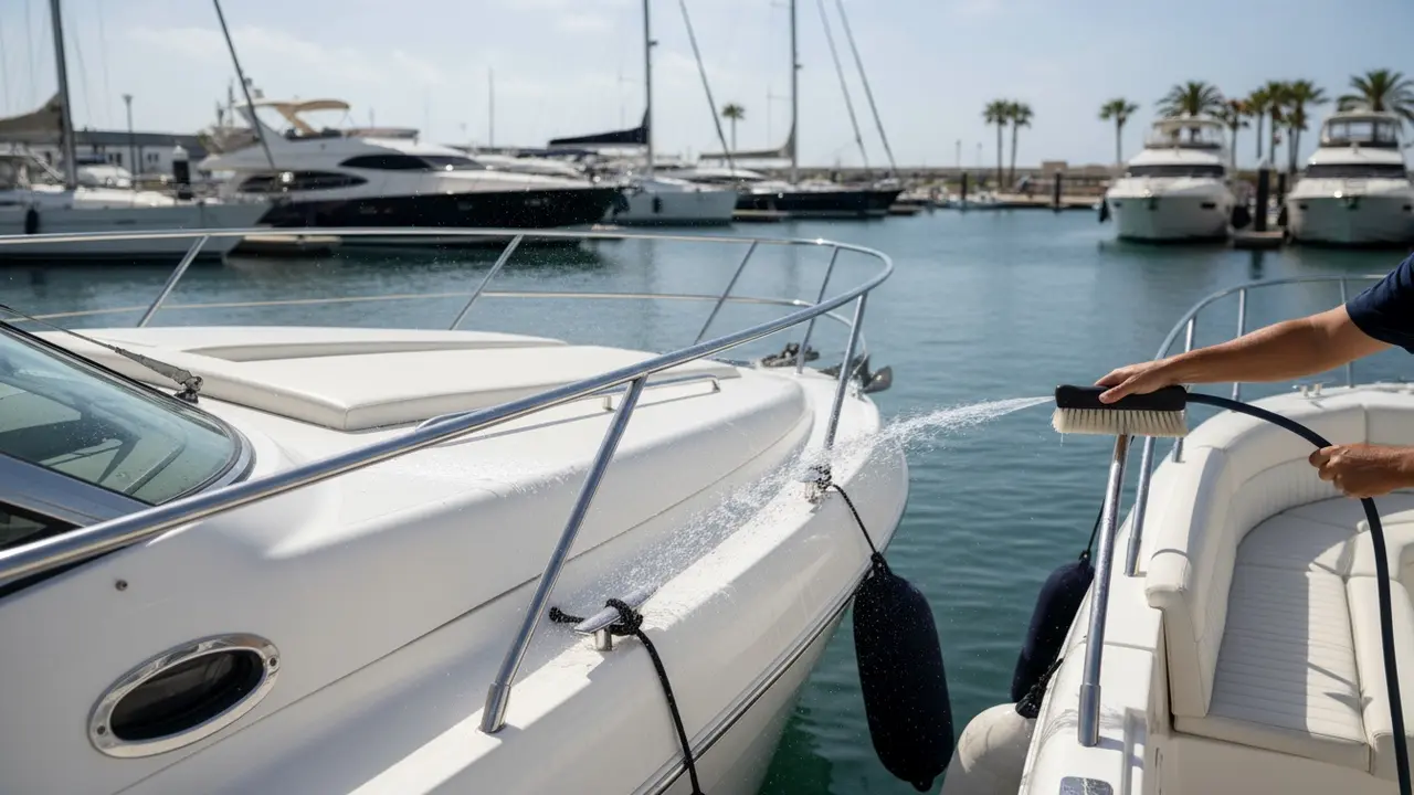 Person skyller og vasker skrog på en motorbåd ved en marina.