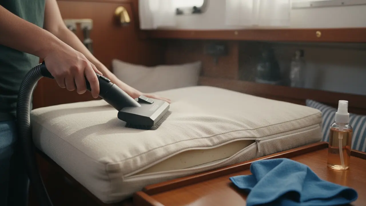 Indvendig bådkabine: håndholdt støvsuger rengør hynder og puder.