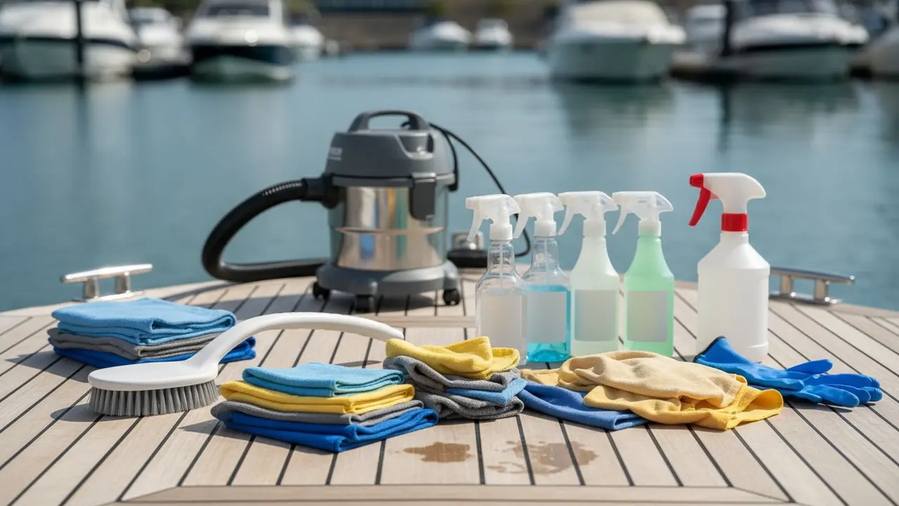 Nødvendigt rengøringsudstyr lagt frem på båddæk: klude, børster og sprøjter.