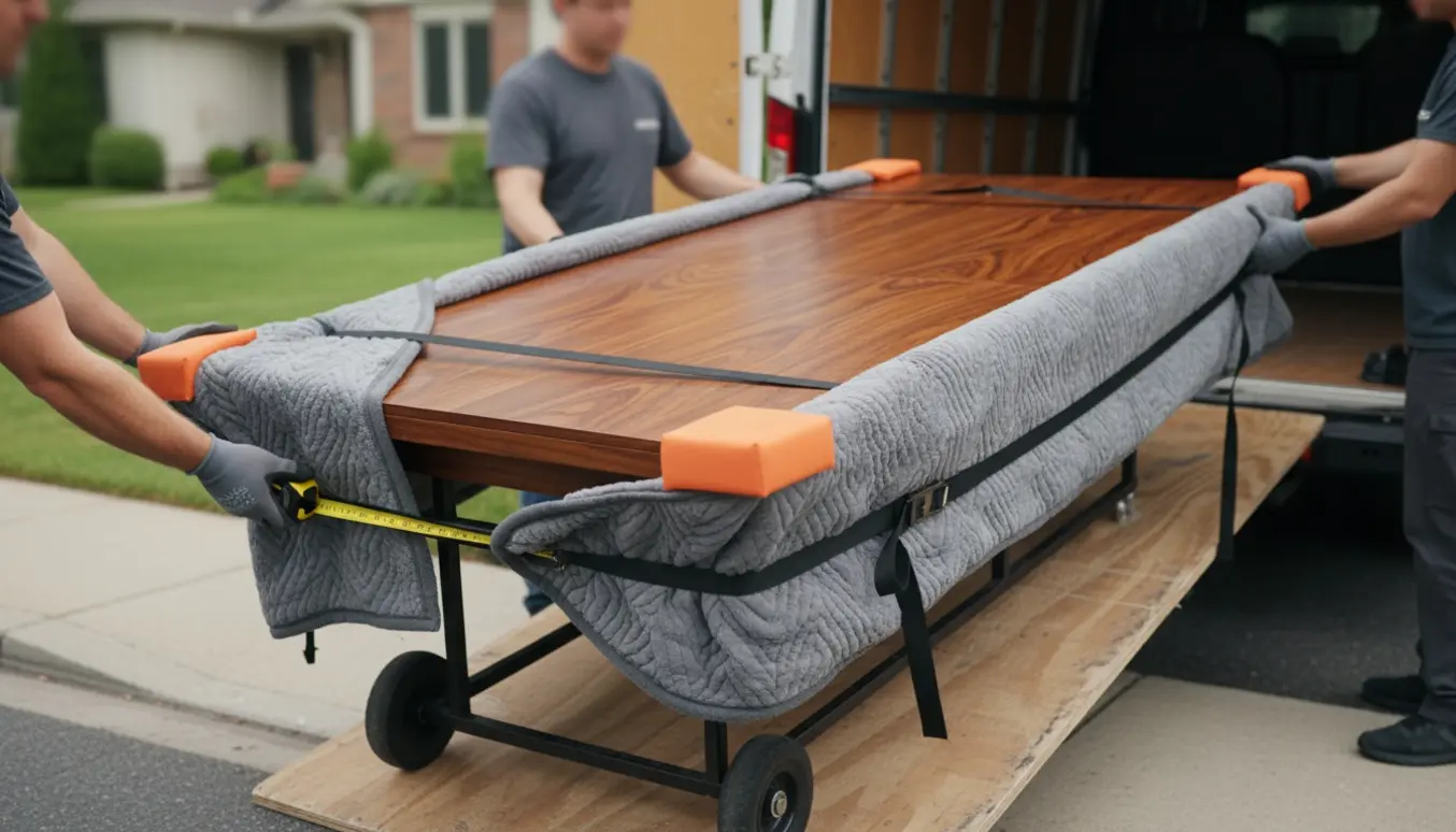 Et stort spisebord pakkes og løftes ind i en flyttevogn ved fortovet.