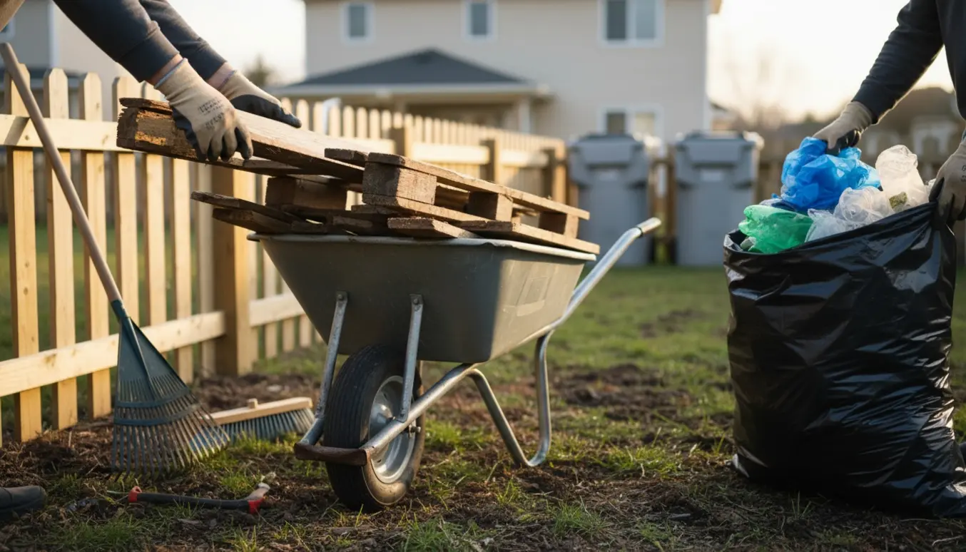 Hænder i handsker samler træ- og plastikaffald i en skubbevogn i en baghave.