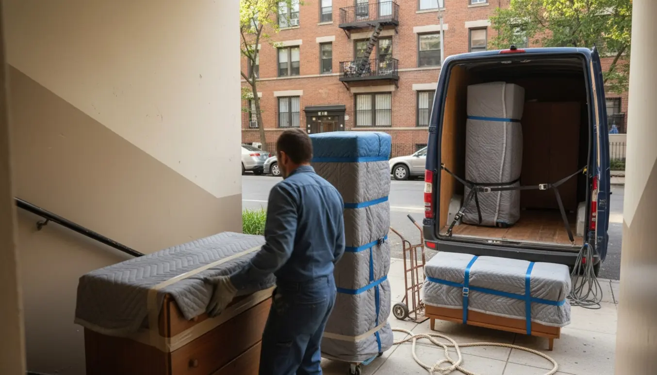 En mand bærer møbler ned ad opgangen fra 4. sal og laster dem i en varevogn på gaden.