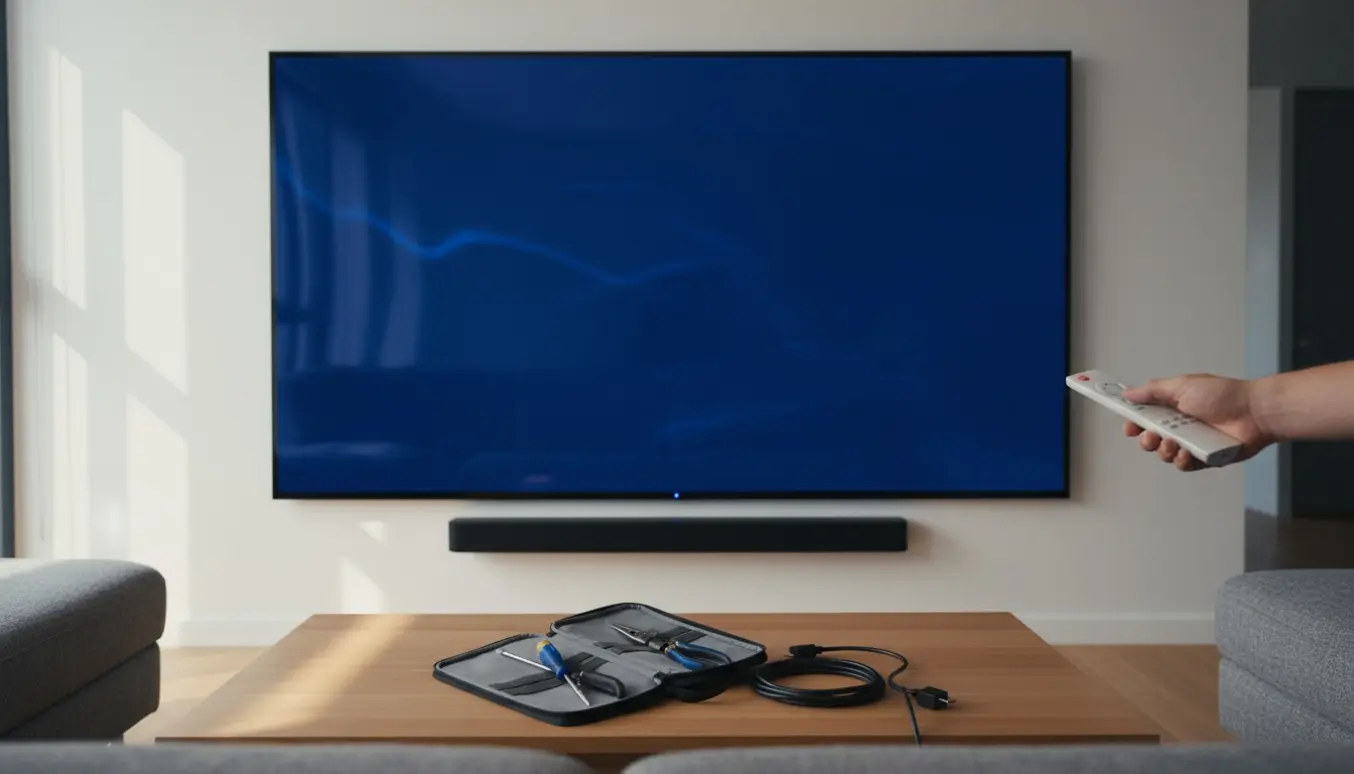 Hånd peger med fjernbetjening mod et vægmonteret tv med blå skærm og tændt LED, værktøj på sofabordet.