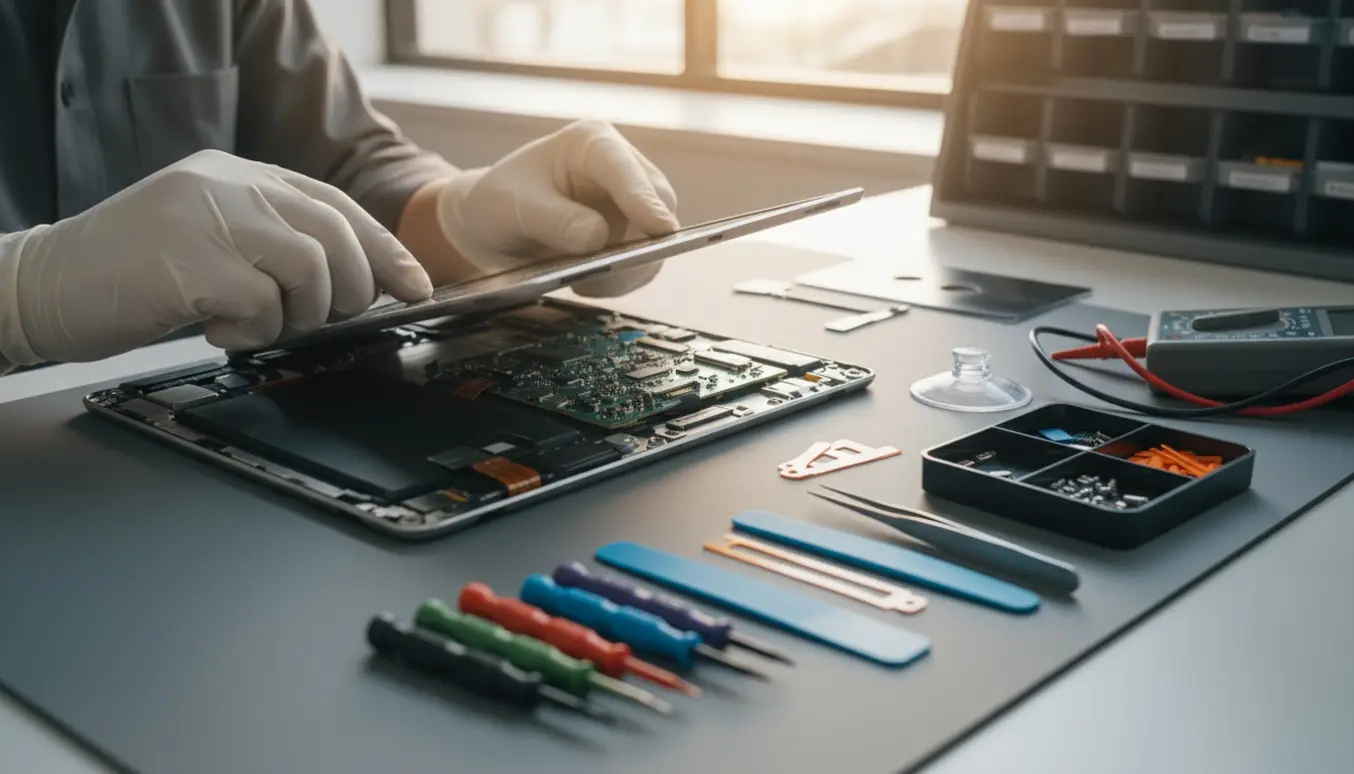 Teknikerens hænder reparerer en slukket iPad på et ryddeligt værksted med præcisionsværktøj.
