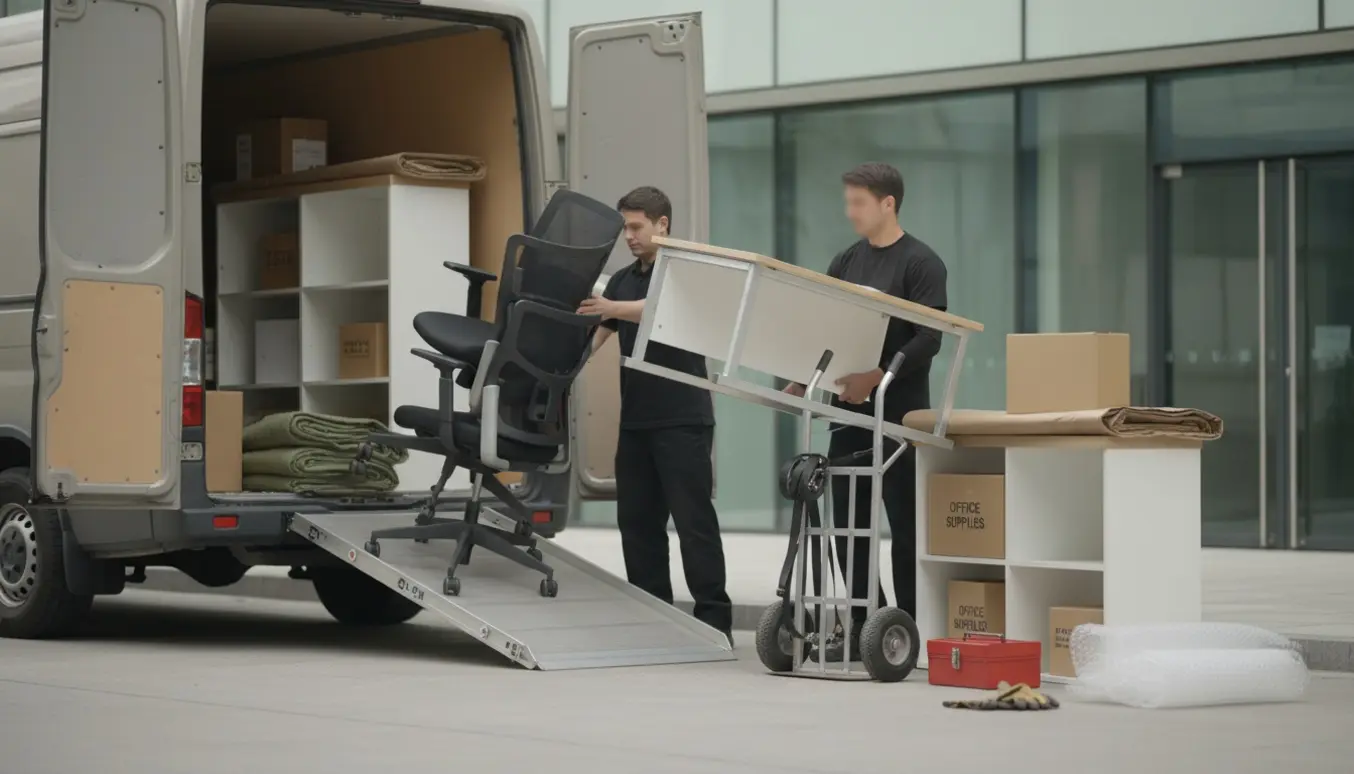 Personer læsser kontormøbler af en varevogn ved en moderne kontoringang, ansigter ikke synlige.