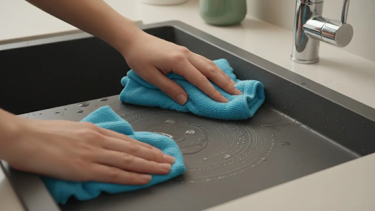 Hænder tørrer en kompositvask med mikrofiberklud og mildt opvaskemiddel