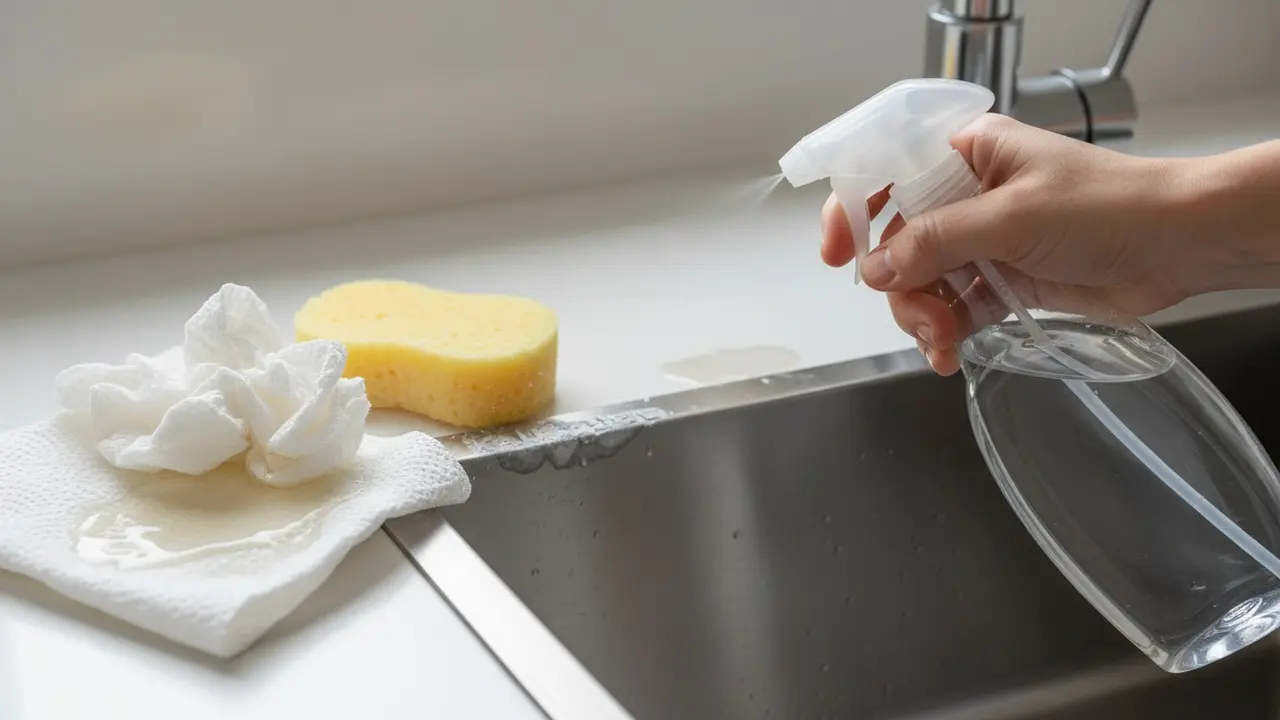 Påføring af kalkfjerner på kalkplet ved vaskens kant med blød klud ved siden af