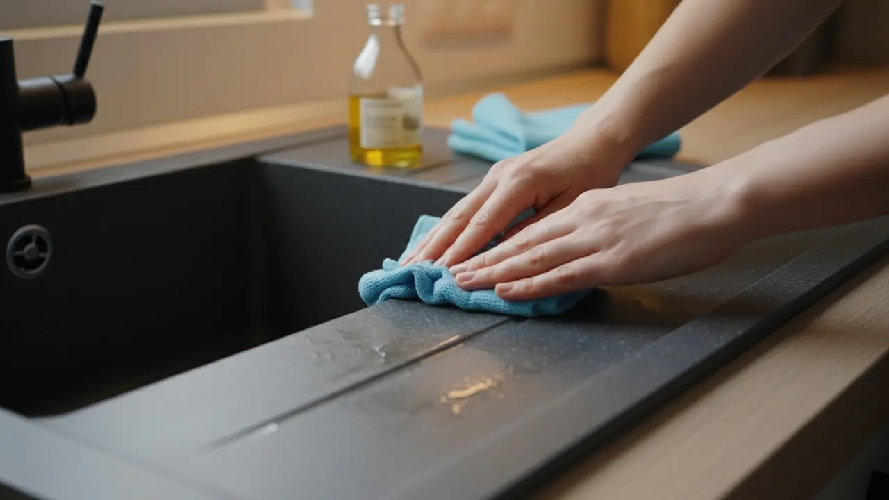 Person påfører et tyndt lag madolie på kompositvask med en blød klud