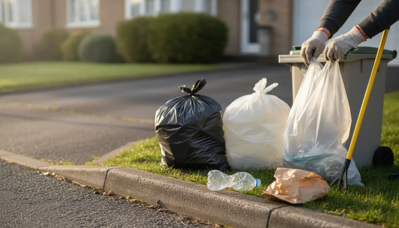 Handsker binder affaldsposer ved kantsten på en indkørsel, klar til afhentning.