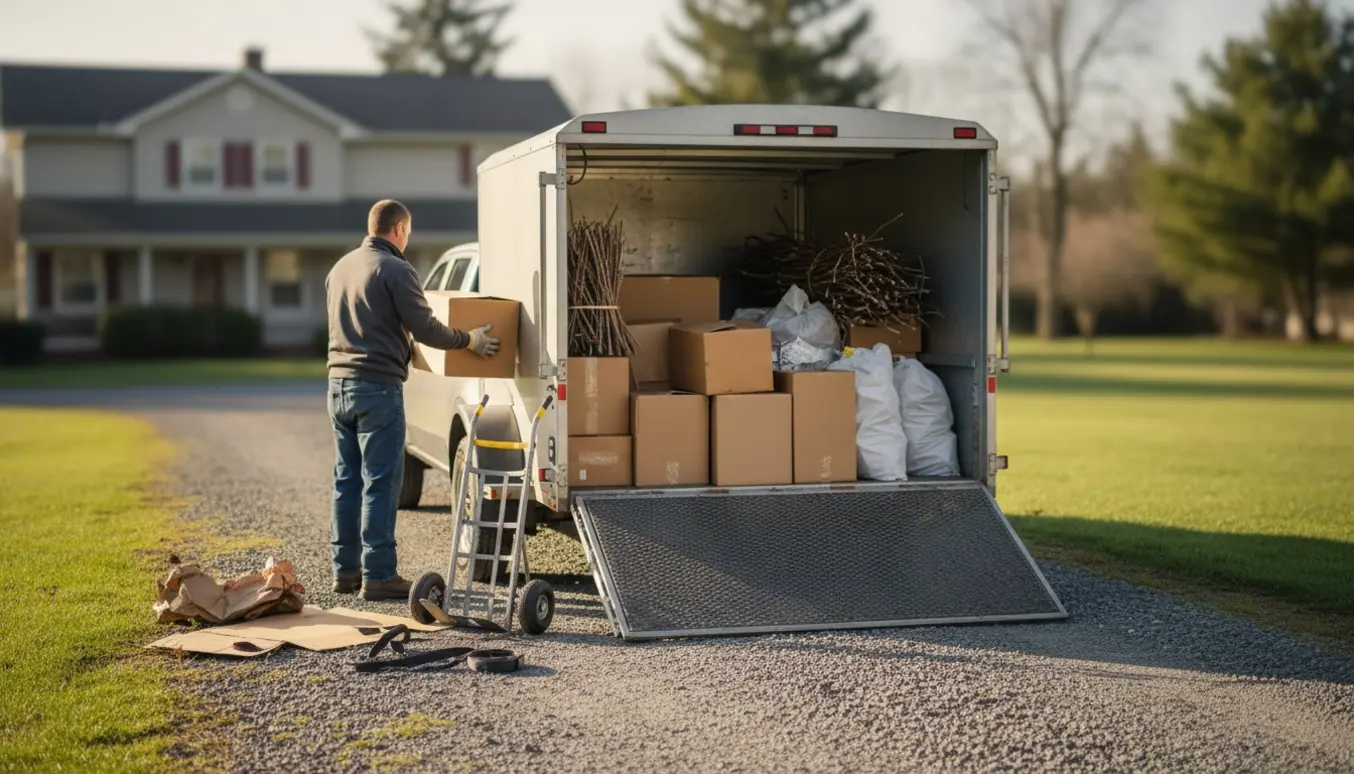 Trailer læsset med pap og blandet affald ved en lang indkørsel til et hus, klar til bortkørsel.