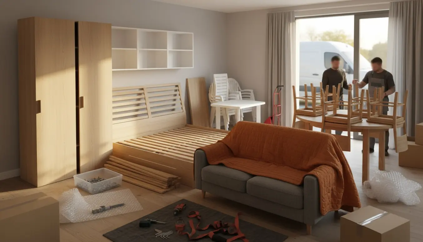 Møbler bliver skilt ad og pakket til flytning i en lys stue med tæpper, værktøj og flyttetransport udenfor.