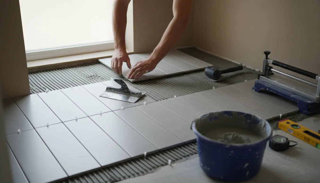 Nærbillede af fliselægning i et lille badeværelse med fliser, flisekryds og værktøj.