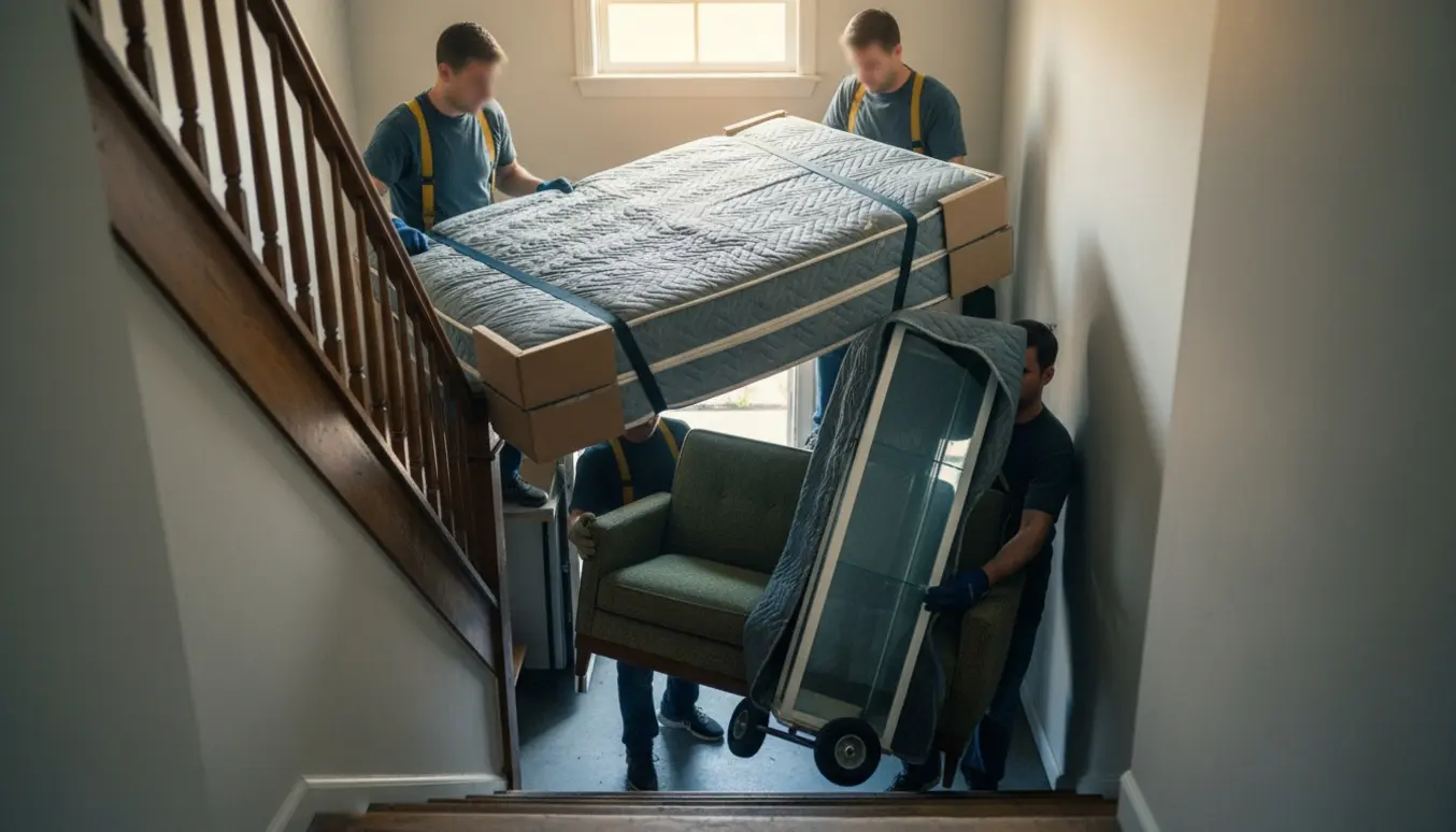 Flyttefolk bærer dobbeltseng, sofa og vitrineskab ned ad en trappe til kælderen med beskyttelsestæpper og flyttevogn.