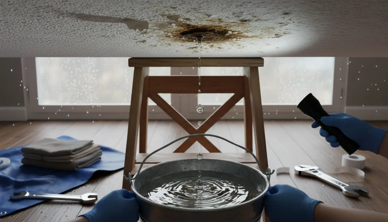 Bøtte under et dryppende loft med våde pletter, en stige og værktøj i rummet.