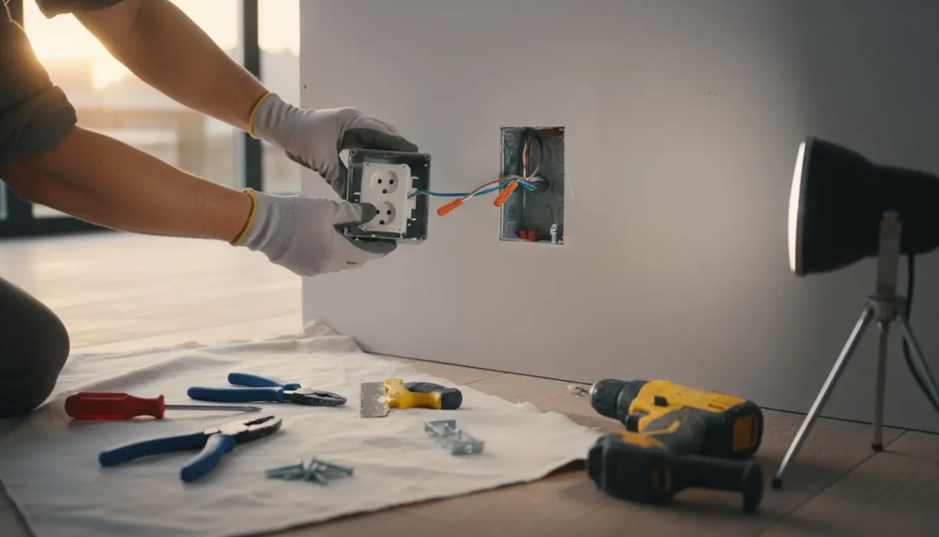 Hænder flytter en stikkontakt cirka 15 cm ved en ny gipsvæg med værktøj og ledninger.