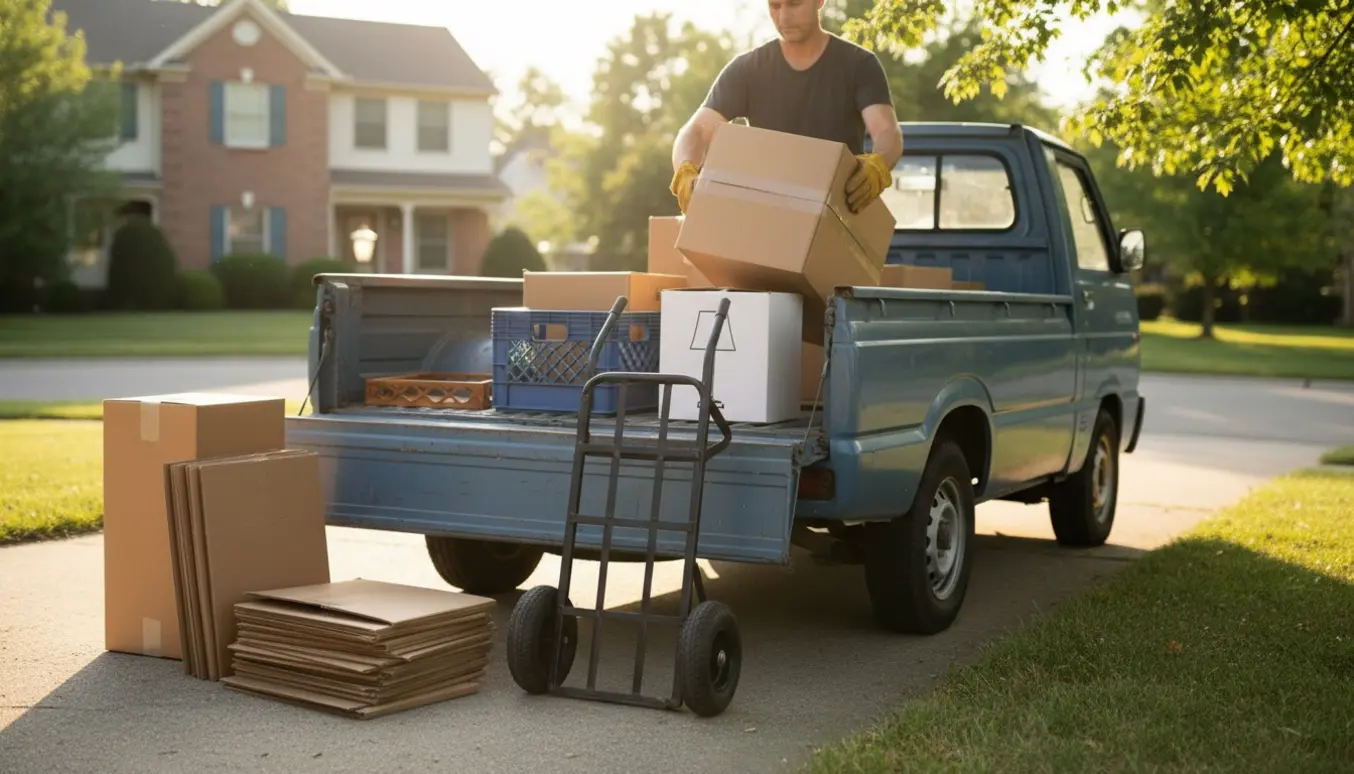 Person læsser papkasser og små effekter på en åben ladbil i indkørslen, kun hænder og ryg synlige.