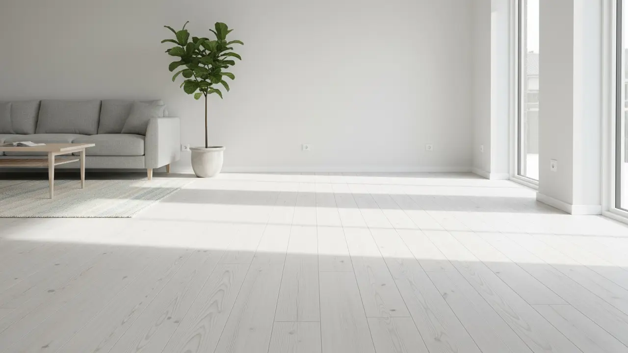 Lyse Nordic rum med nyslebent, hvidpigmenteret trægulv og synlig træstruktur