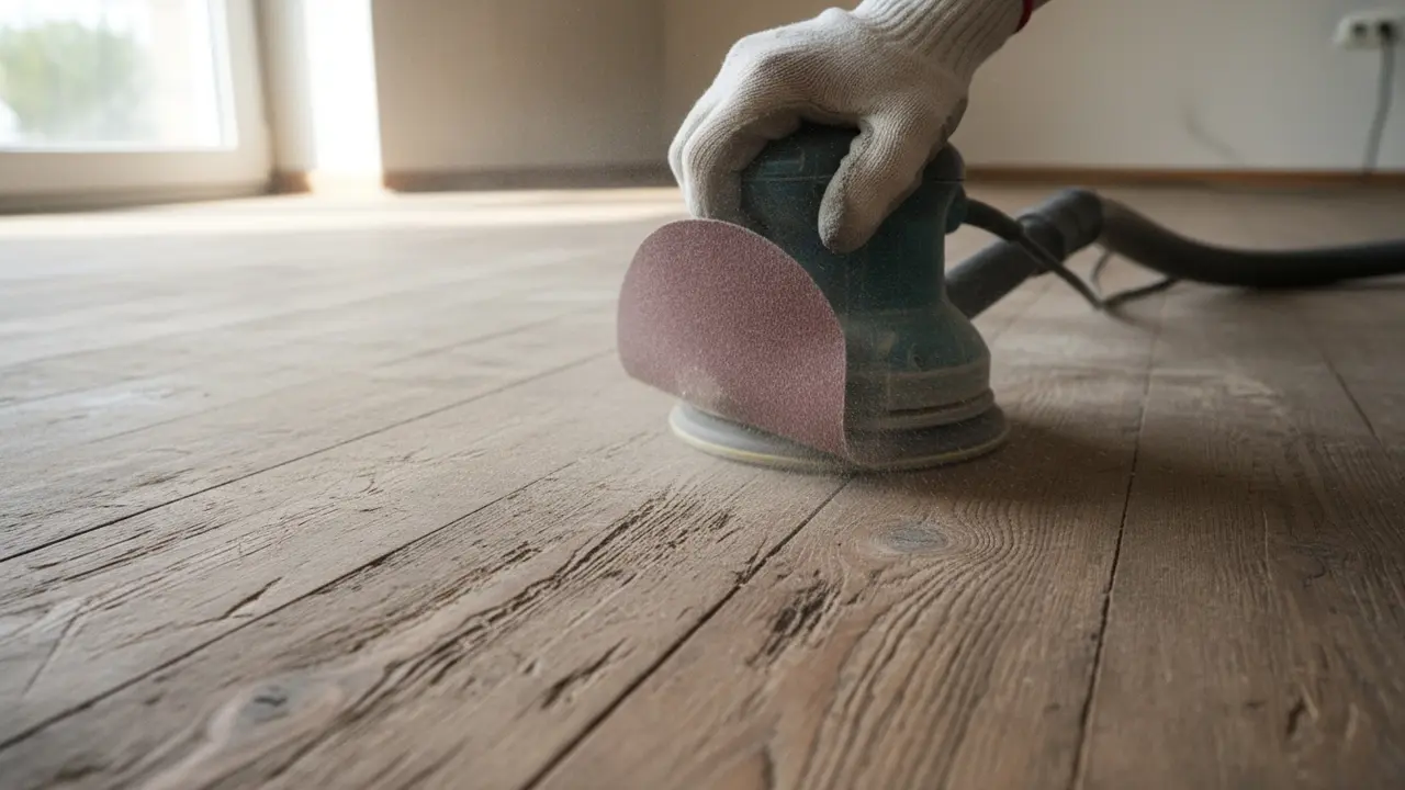 Nærbillede af slibning af trægulv med korn 120 og støvopsugning