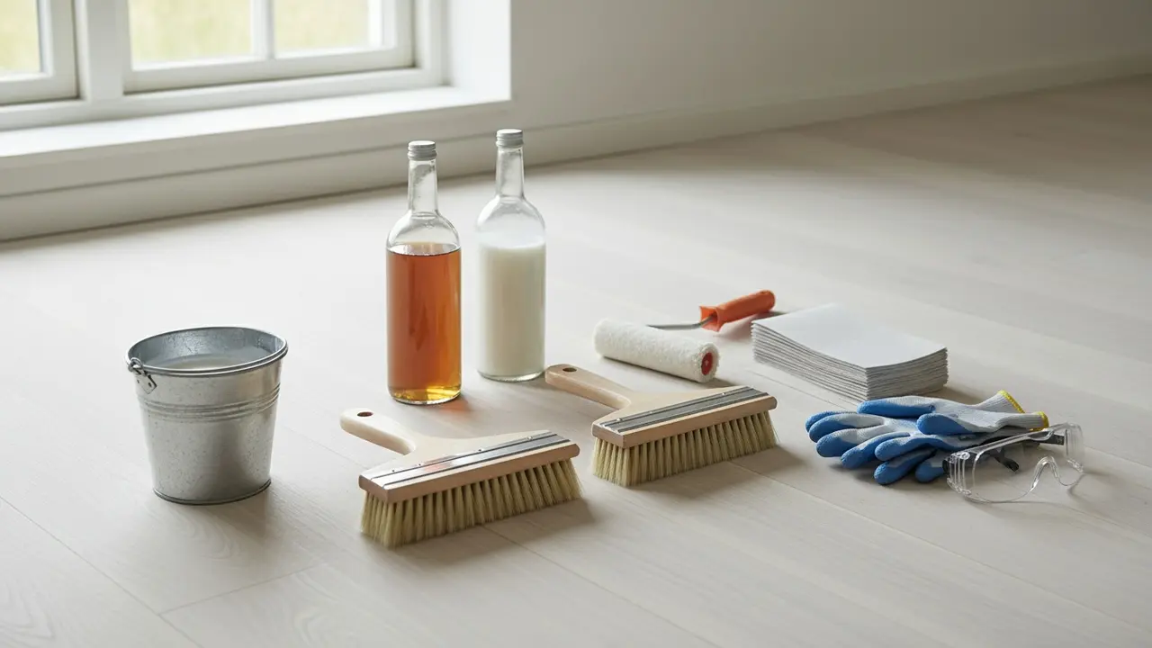 Udstyr fordelt på gulvet: lud, hvidpigmenteret sæbe, pensler, sandpapir og handsker