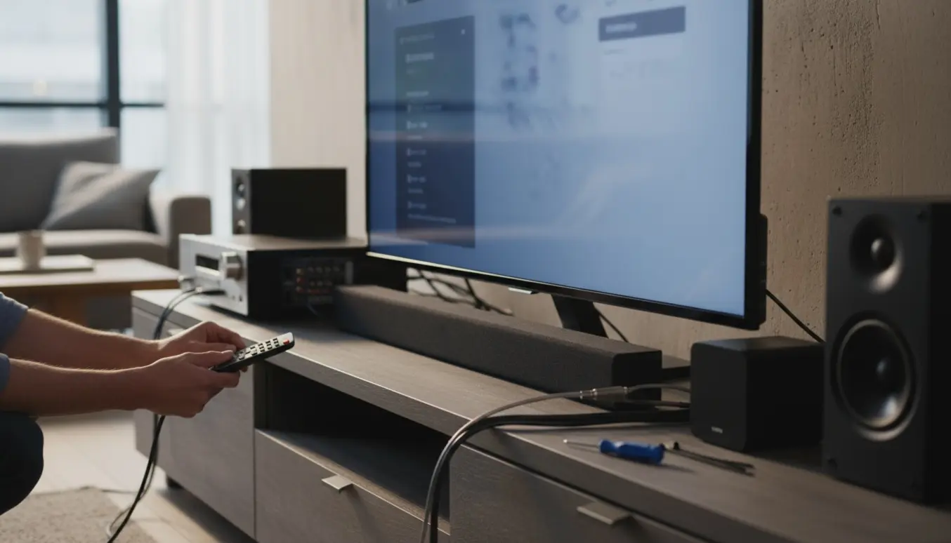 Hænder forbinder HDMI- og optisk kabel til et fjernsyn og en lydreceiver i en moderne stue.