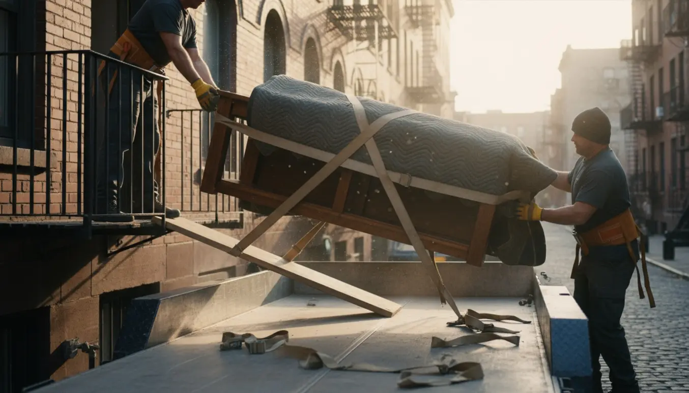 To stærke flyttemænd bærer et stort spisebord dækket af flyttetæpper fra en lejlighedsaltan og læsser det på en trailer.