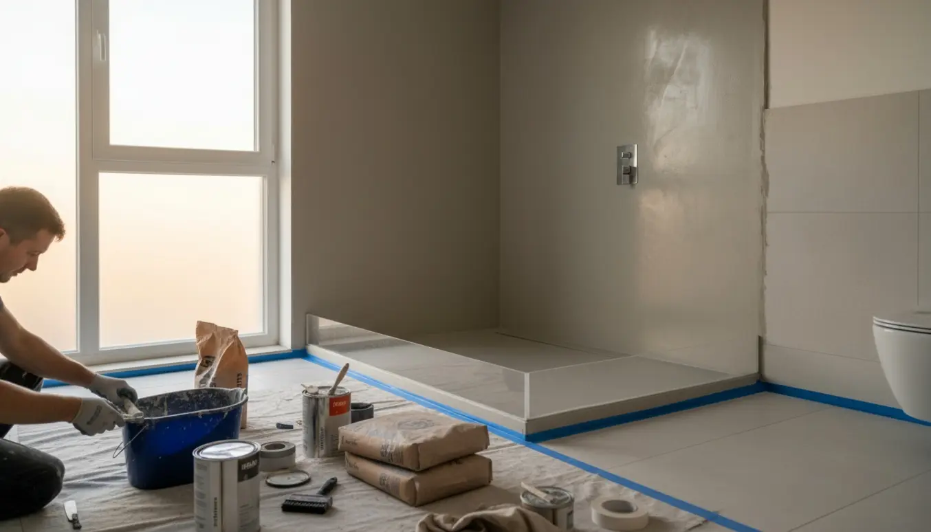 Badeværelse under arbejde med microcement, håndværker glatter ny microcement ved et bruserum med 10 cm kant.